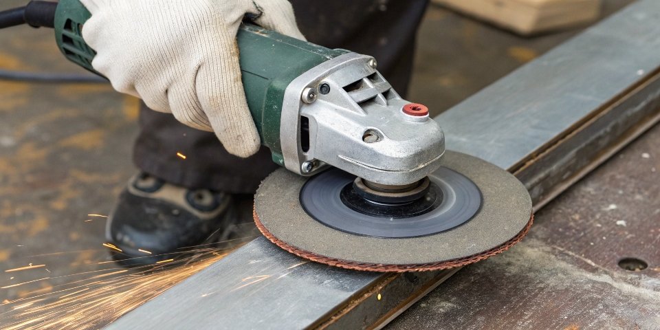 An angle grinder with a correctly sized disc and safety guard in place.