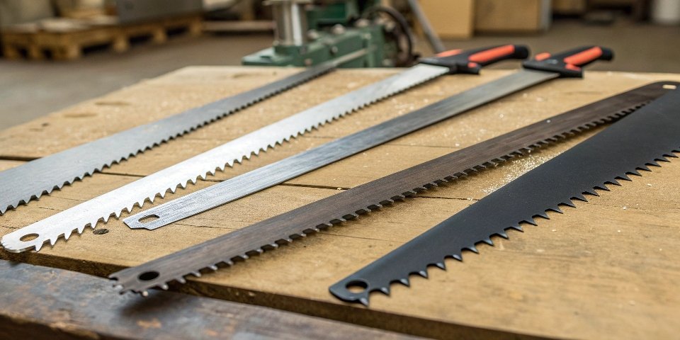 A collection of different reciprocating saw blades against a workshop background.