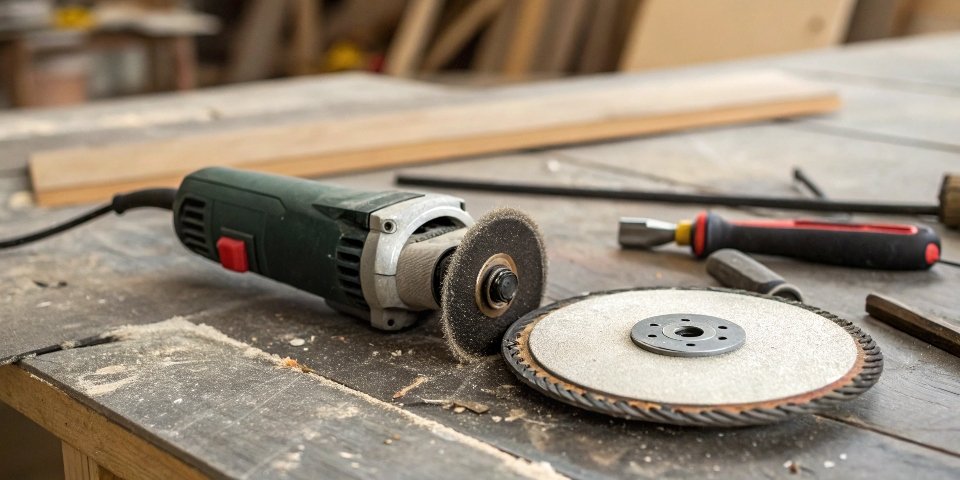 A 4.5-inch angle grinder with a cutting disc next to it on a workbench.