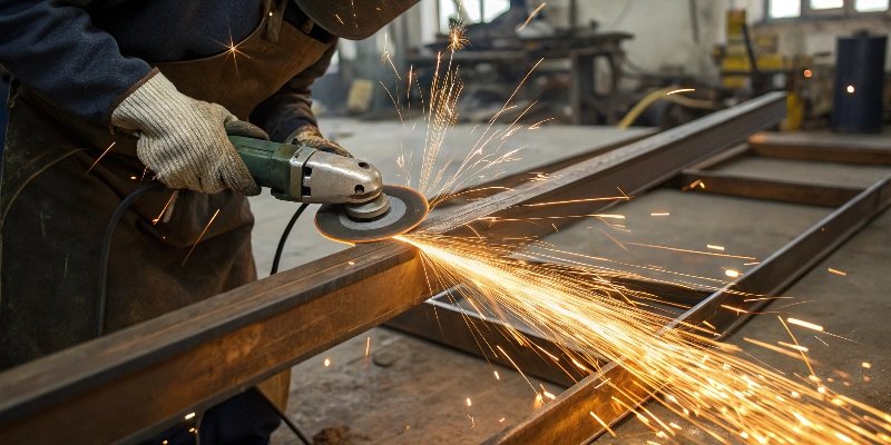 An angle grinder cutting a metal weld with sparks flying.