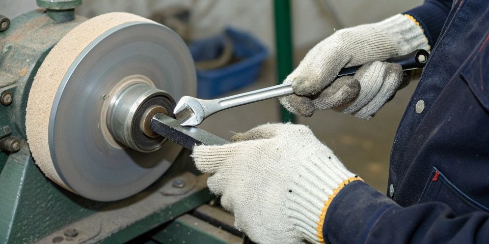 A gloved hand using a wrench to give a final snug turn to a bench grinder nut.