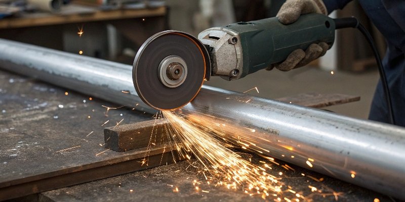 An angle grinder with a metal cutting disc attached, ready to be used on a metal pipe.