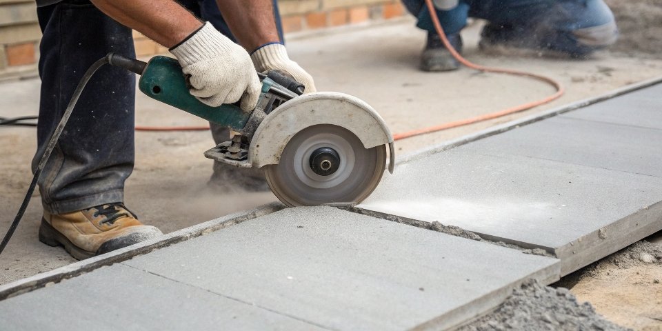 An angle grinder with a diamond blade cutting a shallow line in a concrete paver.