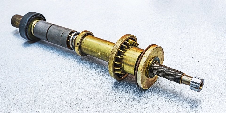 An exploded view of a bench grinder spindle showing the inner flange, wheel, outer flange, and nut in order.