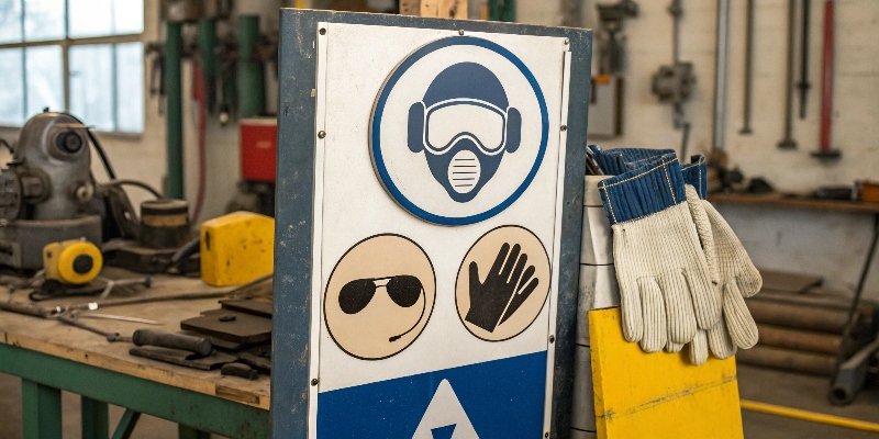A workshop safety sign illustrating the need for goggles, gloves, and a mask.