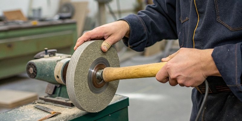A person tapping a grinding wheel gently with a wooden handle to perform a ring test.