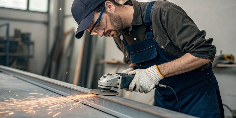 A worker wearing safety glasses and gloves while using a grinder.