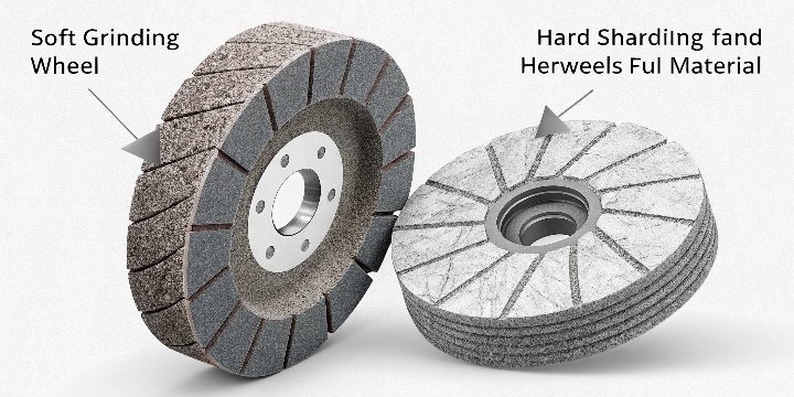 An illustration comparing a soft wheel on a hard material versus a hard wheel on a hard material, showing the self-sharpening effect.