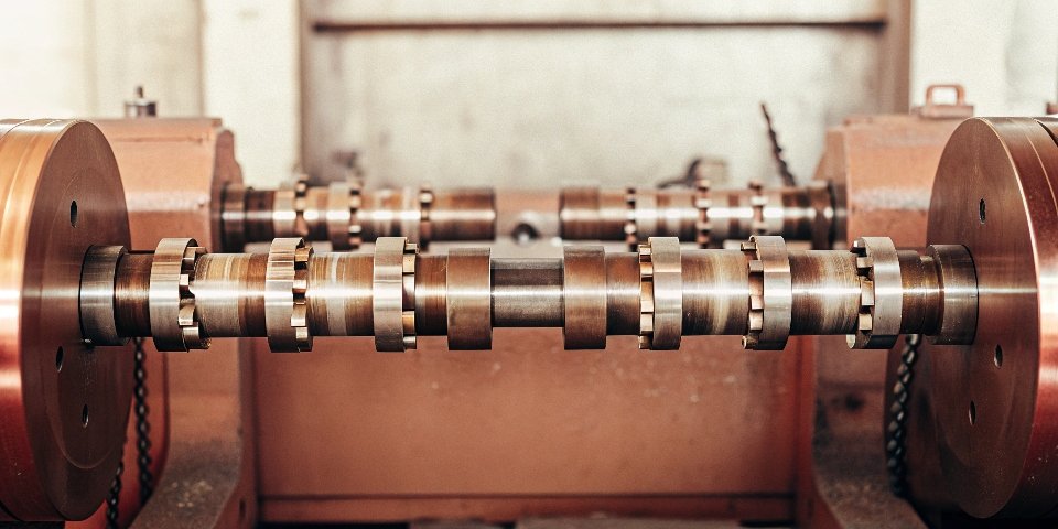 A full view of a large, complex crankshaft grinding machine without a crankshaft in it.