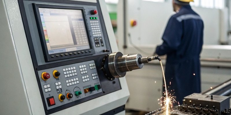 A CNC grinding machine with a monitor displaying real-time power consumption data.