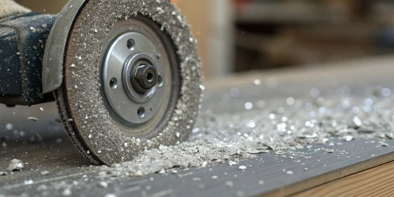A macro photo clearly showing aluminum particles smeared and embedded in the surface of a standard grinding wheel.