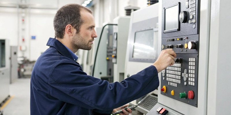 A skilled technician carefully adjusting a CNC grinding machine's controls