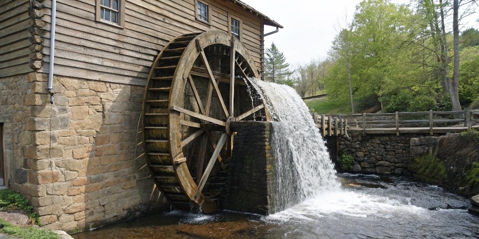 Diagram showing overshot, breast-shot, and undershot water wheels.