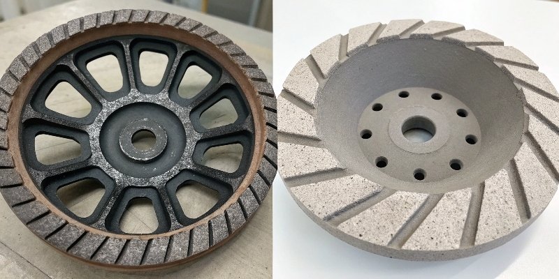 A side-by-side comparison of an open and dense structure grinding wheel