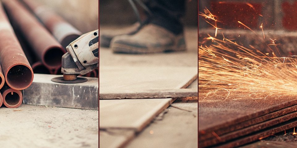 A collage of materials suitable for an angle grinder: metal pipes, tiles, and a rusty metal sheet.