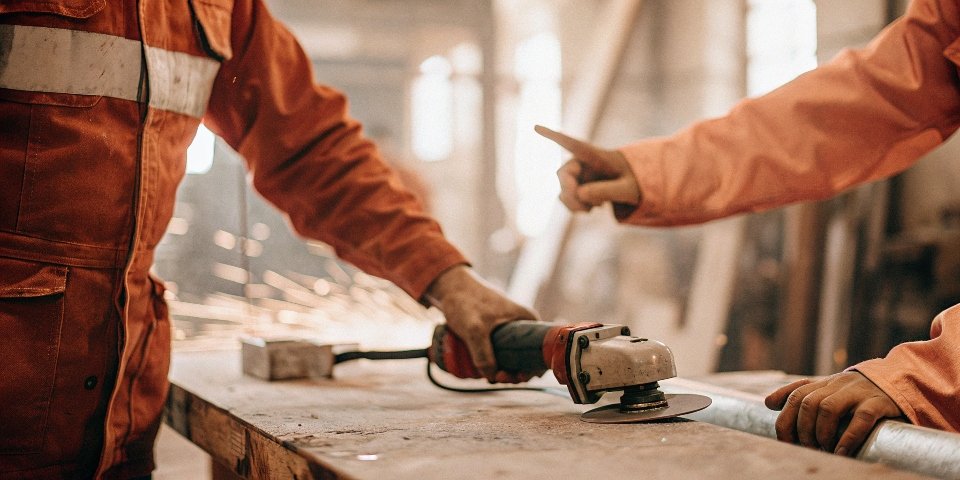 A safety officer pointing out the required guard on an angle grinder during a worksite inspection.