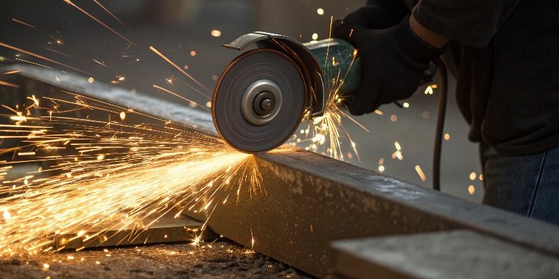 A grinding wheel sending off a shower of sparks as it removes large amounts of material from a steel block