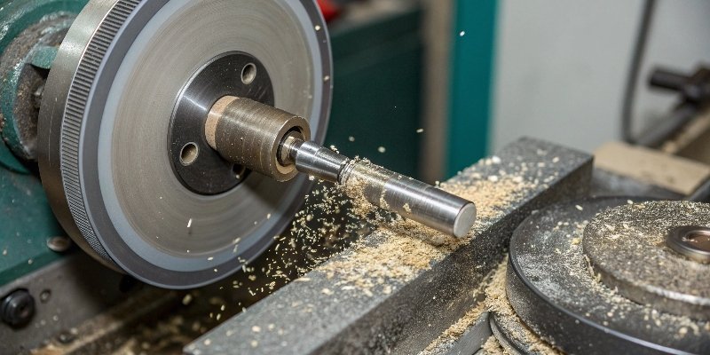 A magnified view of a grinding wheel showing chips being cleared away from the pores