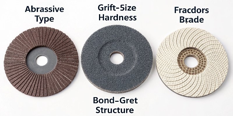 An infographic showing the five key factors of a grinding wheel: abrasive, grit, grade, structure, bond.
