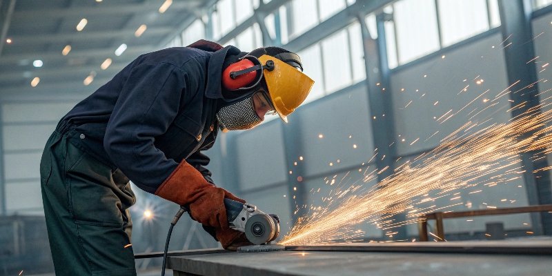 An operator wearing full PPE safely cutting a metal sheet with an angle grinder.