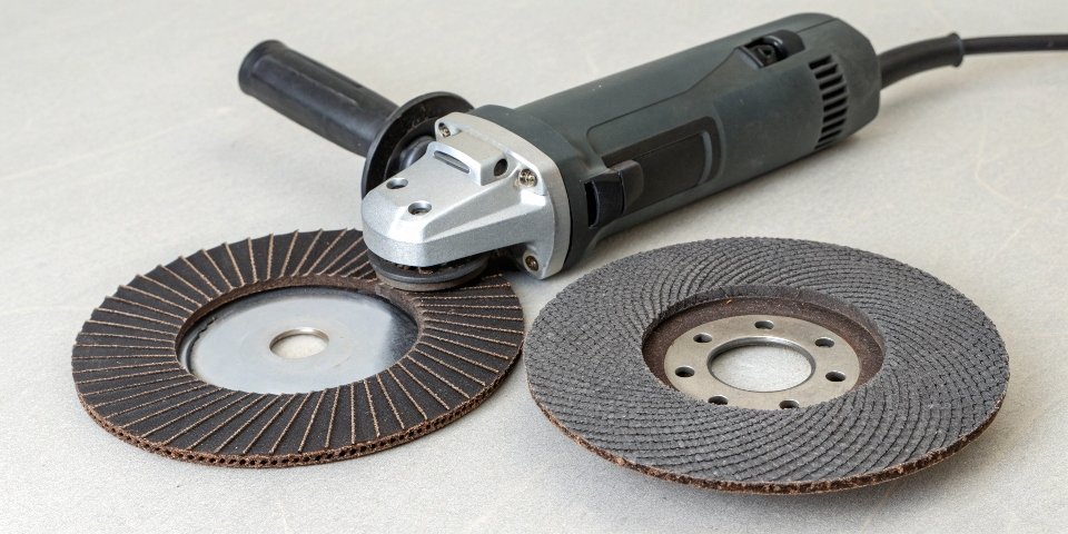 A 4.5-inch angle grinder next to a 4-inch disc and a 4.5-inch disc for comparison.