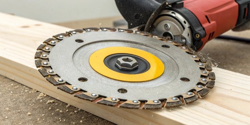 A specialty wood carving disc for an angle grinder with a warning symbol