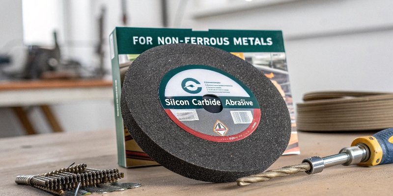A silicon carbide grinding wheel with its packaging that clearly states 'For Non-Ferrous Metals'.