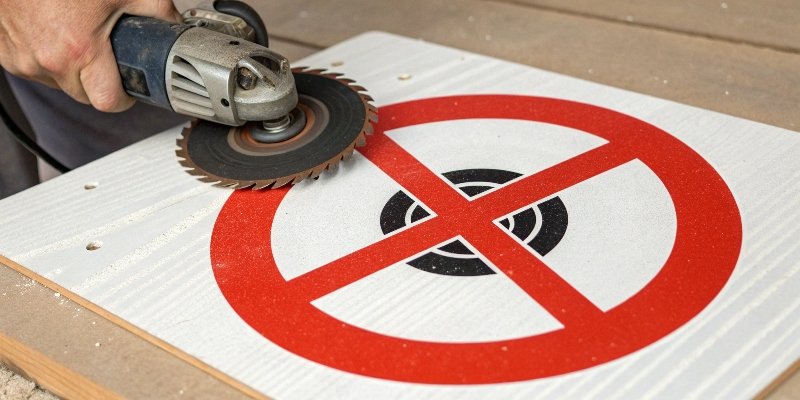 A warning sign showing not to use a toothed saw blade on an angle grinder.