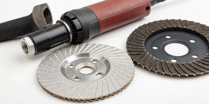 Various angle grinder attachments: a metal cutting disc, a diamond blade for masonry, and a flap disc for wood.