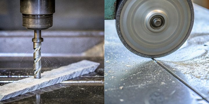 A split image showing a milling machine on one side and a grinding machine on the other, highlighting their different roles.