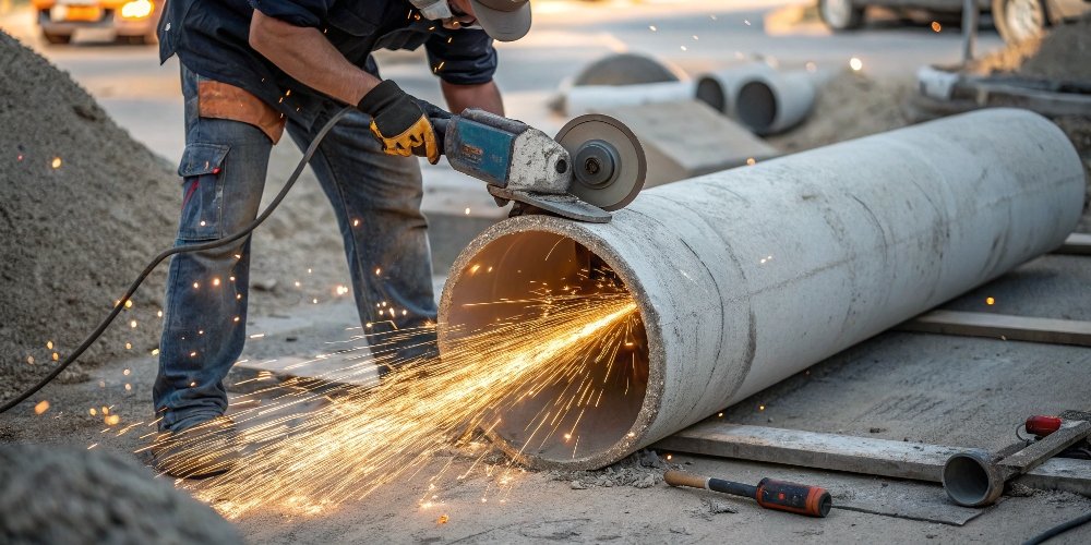 A construction worker using a 7-inch angle grinder to cut a concrete pipe.