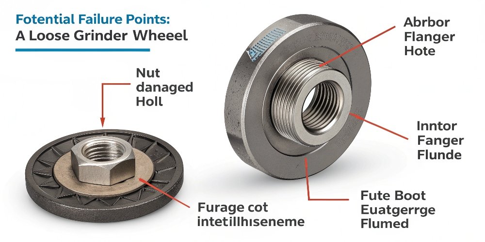An illustration highlighting potential failure points: the nut, the flanges, and the arbor hole.