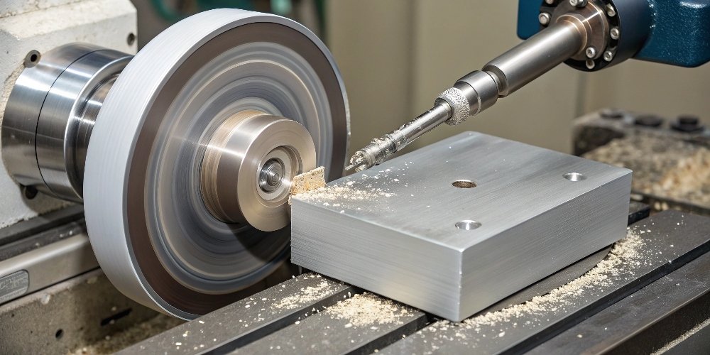 A precision surface grinder using a soft wheel to create a mirror finish on a metal block.