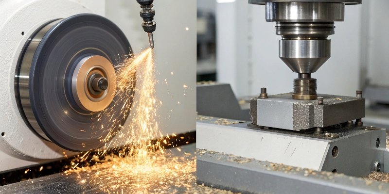 A diagram showing the difference between conventional multi-pass grinding and single-pass creep-feed grinding