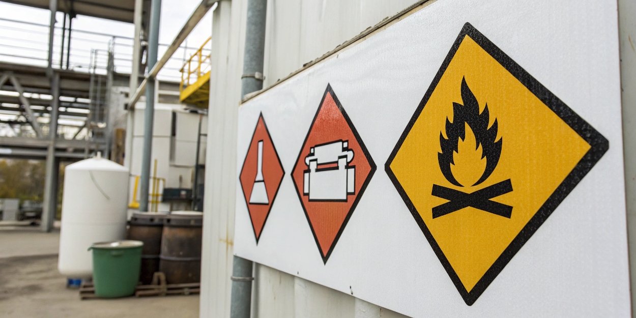 A safety warning symbol with icons representing flammable materials, confined spaces, and water.