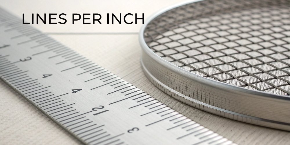 A close-up illustration of a ruler next to a sieve mesh, showing the concept of "lines per inch".