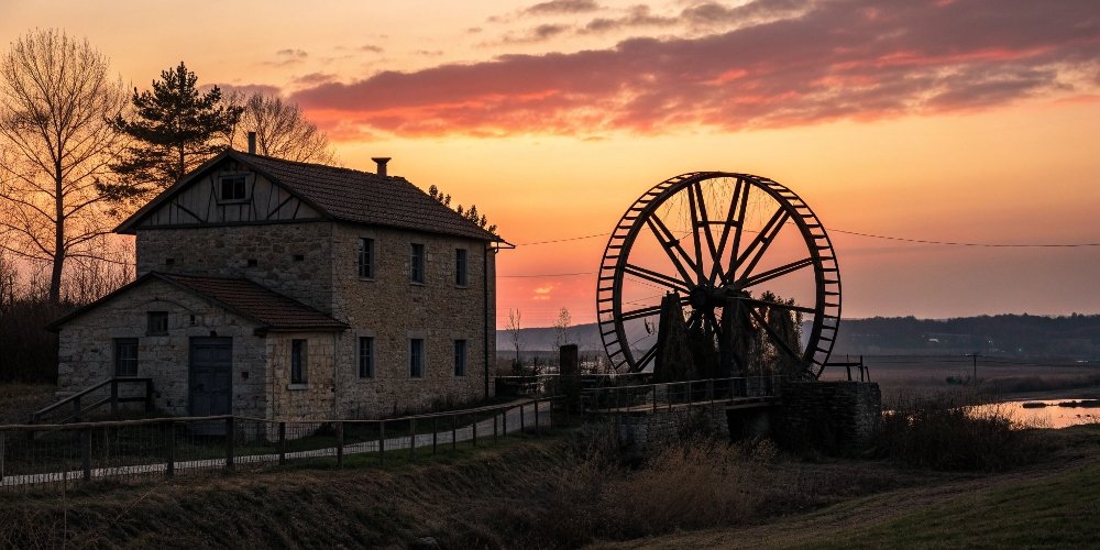 A silhouette of a watermill at sunset, symbolizing a bygone era. 