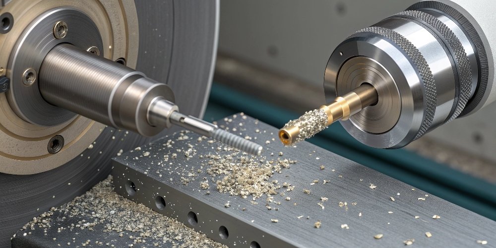 A microscopic view showing abrasive grains cutting tiny chips from a metal surface.