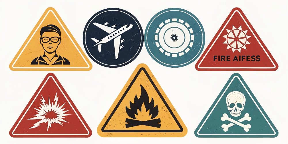 A montage of safety warning symbols: shrapnel, cutting hazard, eye injury, and fire risk.