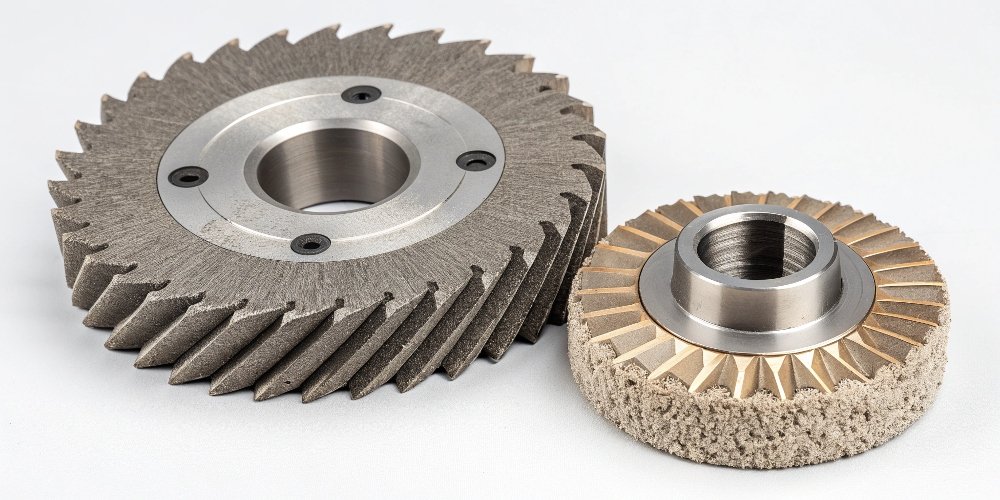 A close-up of a grinding wheel's abrasive surface vs. a multi-toothed milling cutter.