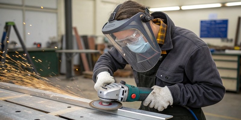 A person safely operating an angle grinder to cut aluminum, wearing a face shield, gloves, and protective clothing.