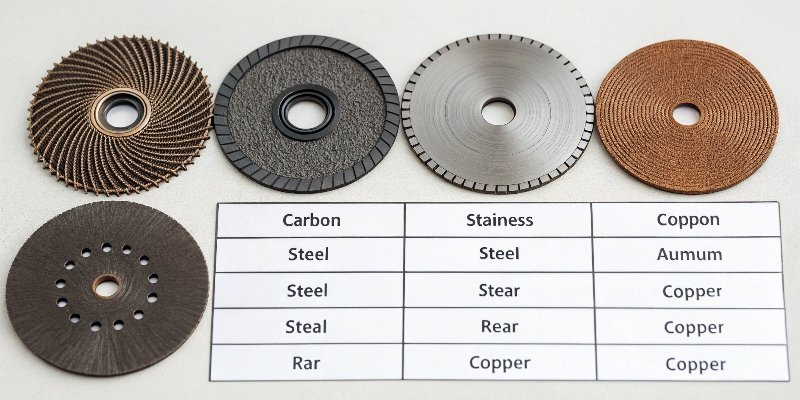 A chart showing different metal types and the corresponding cutting discs.