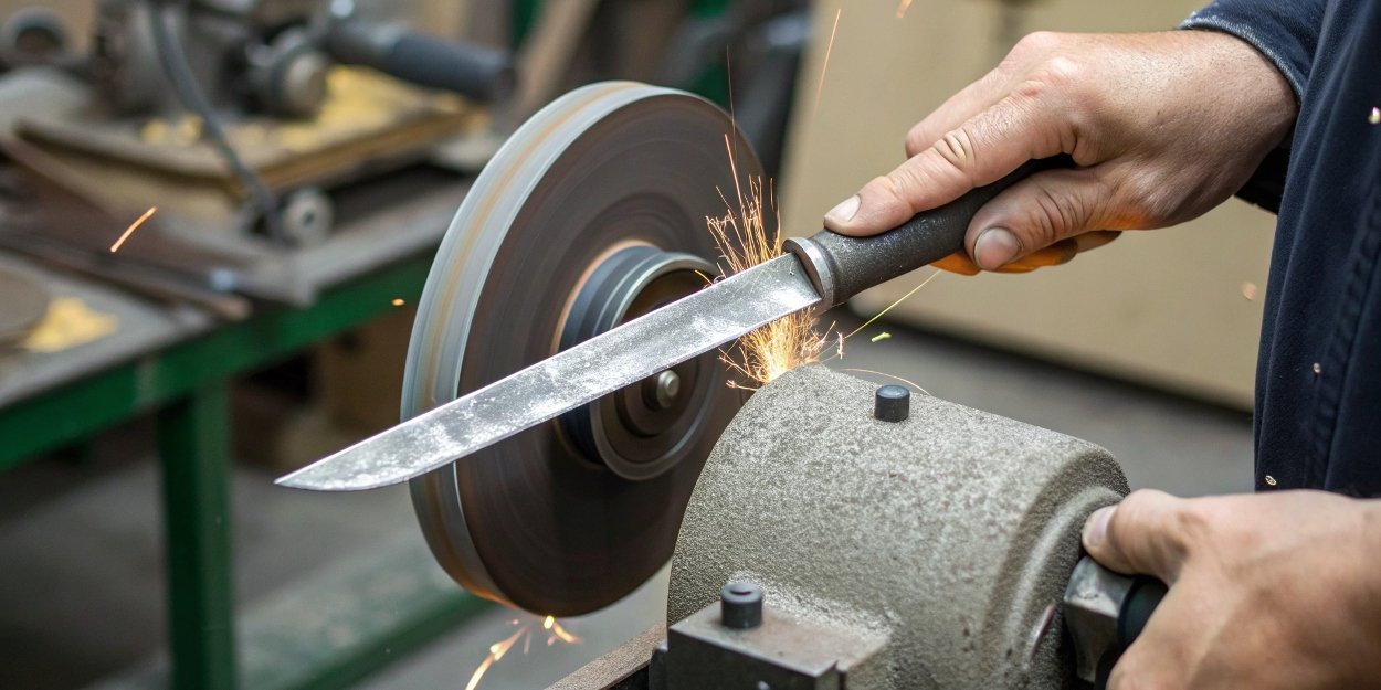 a knife being carefully sharpened on a fine-grit grinding wheel