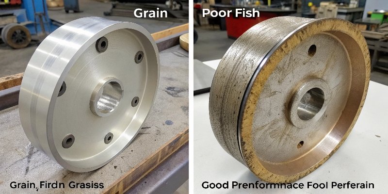 a side-by-side comparison of a workpiece with a good finish vs a poor finish with scratches