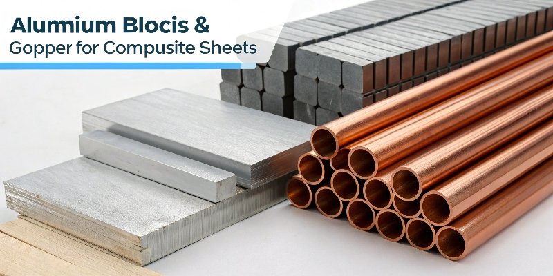 Various materials like aluminum blocks, copper pipes, and composite sheets
