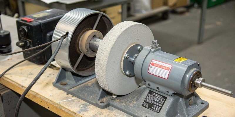 A close-up of a bench grinder's stationary wheel and motor housing.
