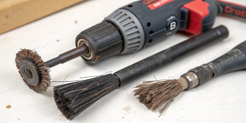 A close-up of worn carbon brushes next to new ones for an angle grinder.