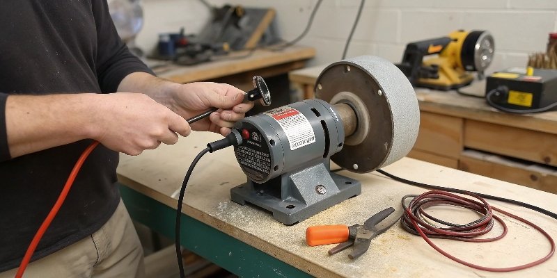 A person inspecting the power cord and plug of a bench grinder.