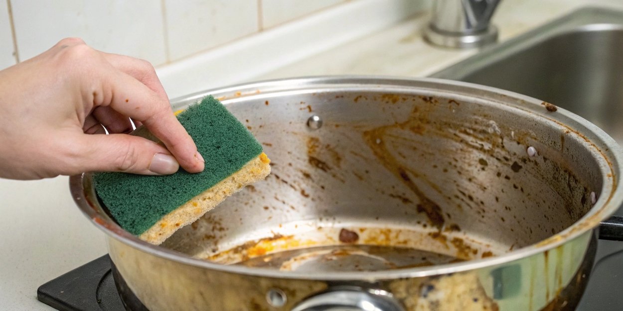 A scouring pad cleaning a dirty metal pot