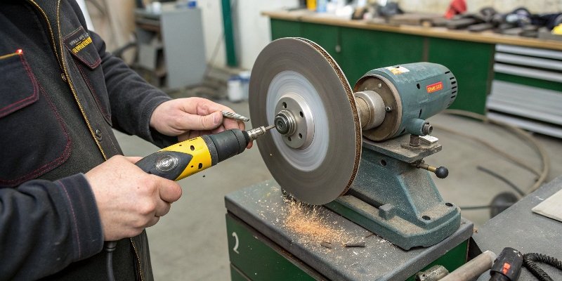 A person tapping a grinding wheel with a screwdriver handle for the ring test.